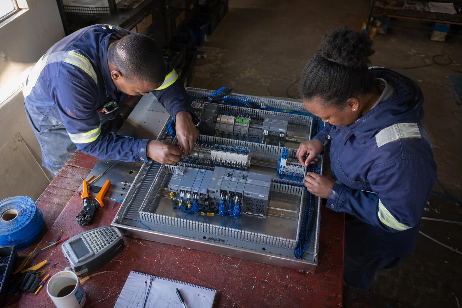 Novenex technicians wiring an instrumentation control panel